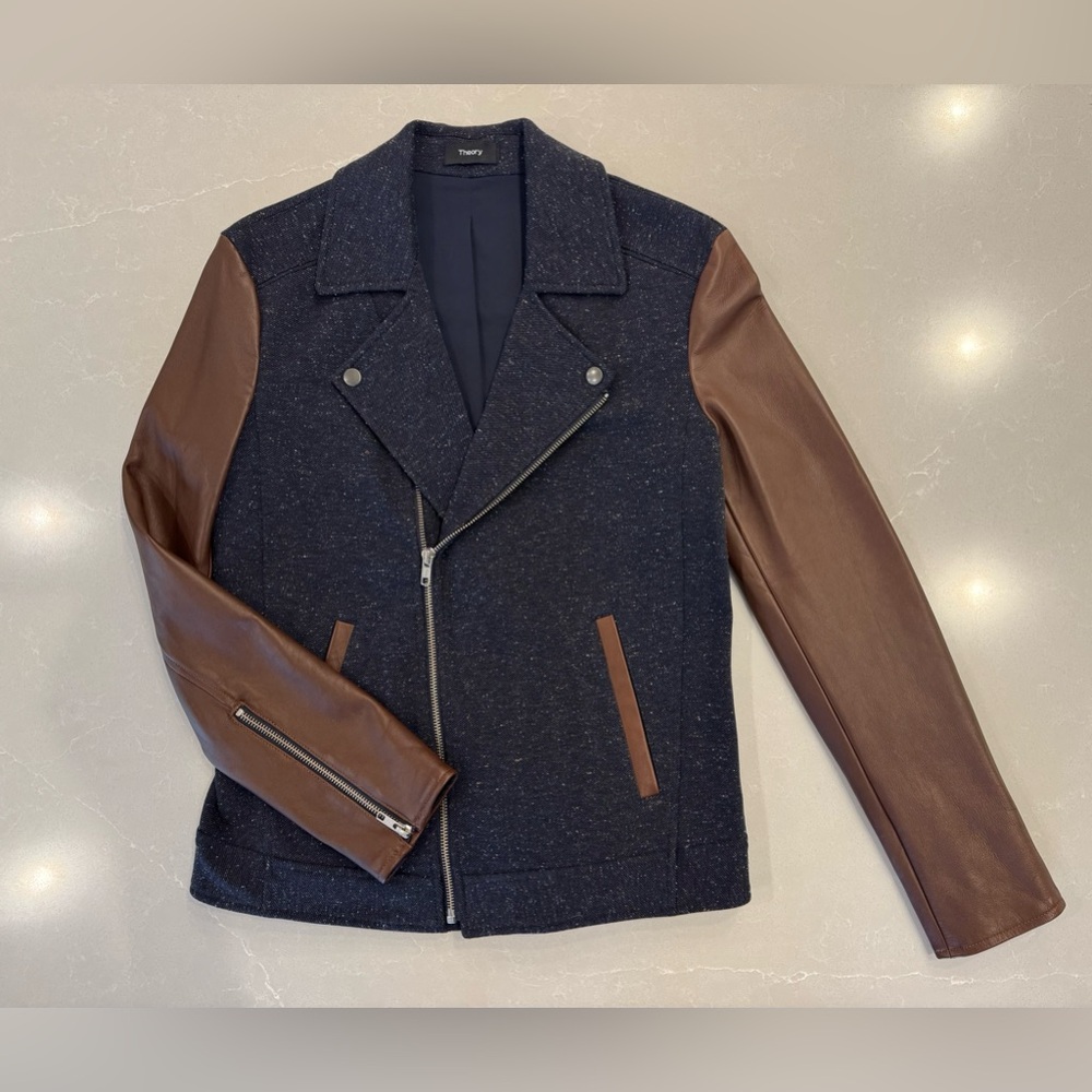 NWOT  Rare THEORY Tralsmin Moto Jacket (tweed + lamb leather). Authentic!